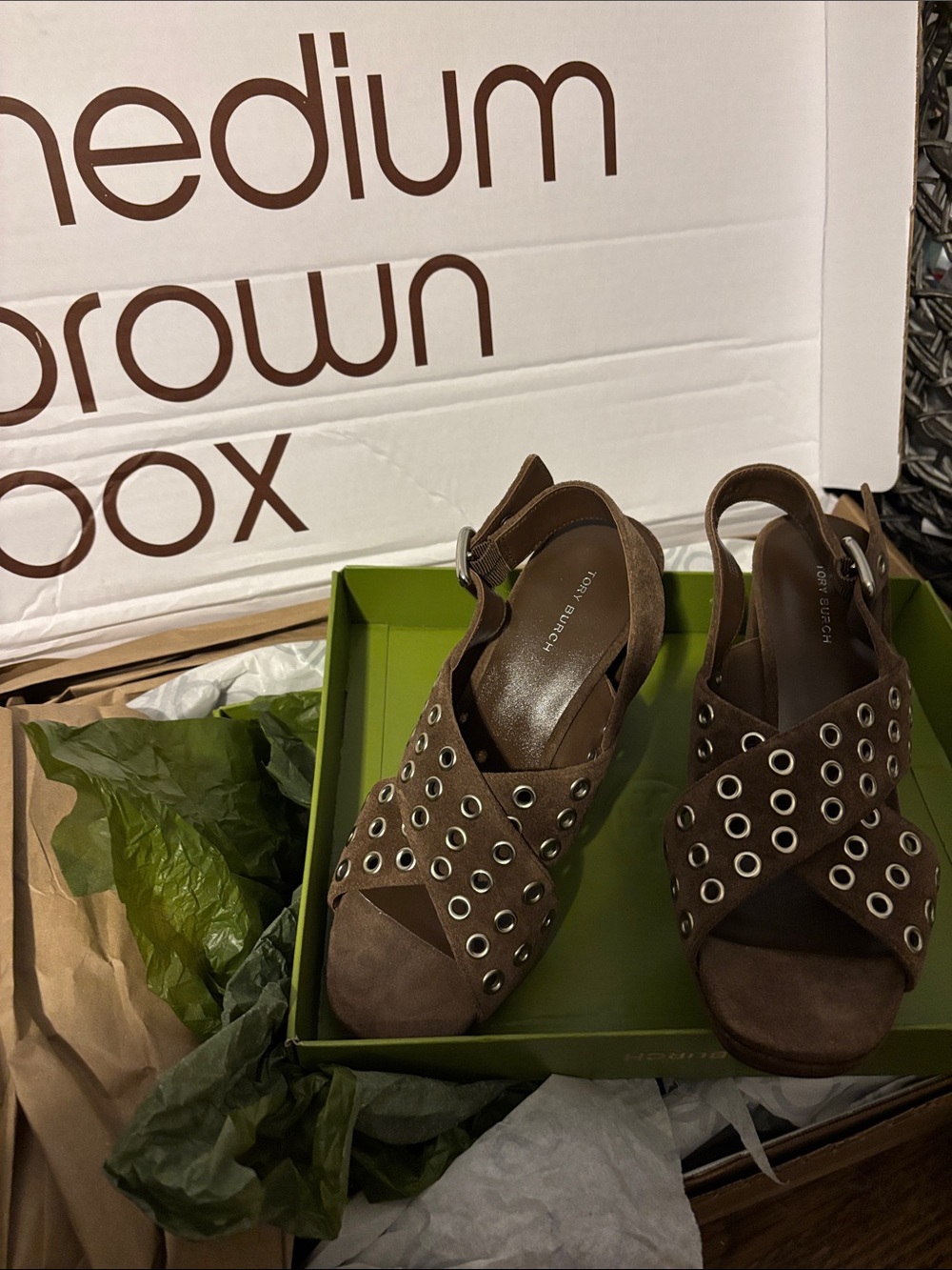 Tory Burch Cross Band Brown Suede Grommet Slingback Block Heels 7.5 - Picture 8 of 8